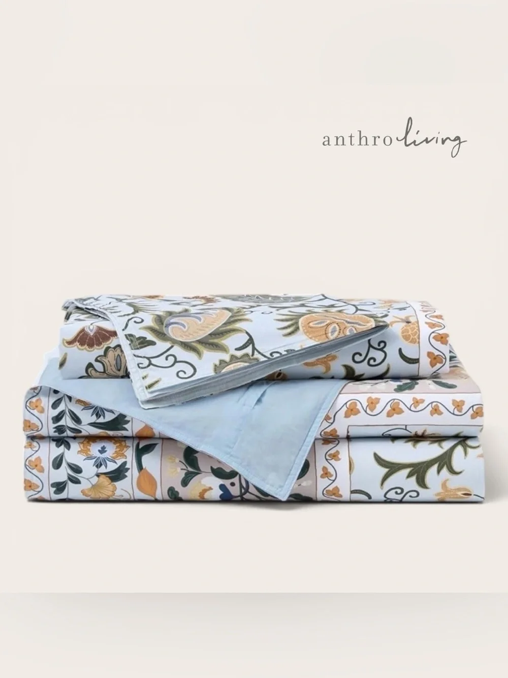 NEW Anthropologie Blue Floral Boho Cotton Queen / King Bedding Duvet & Sham Set